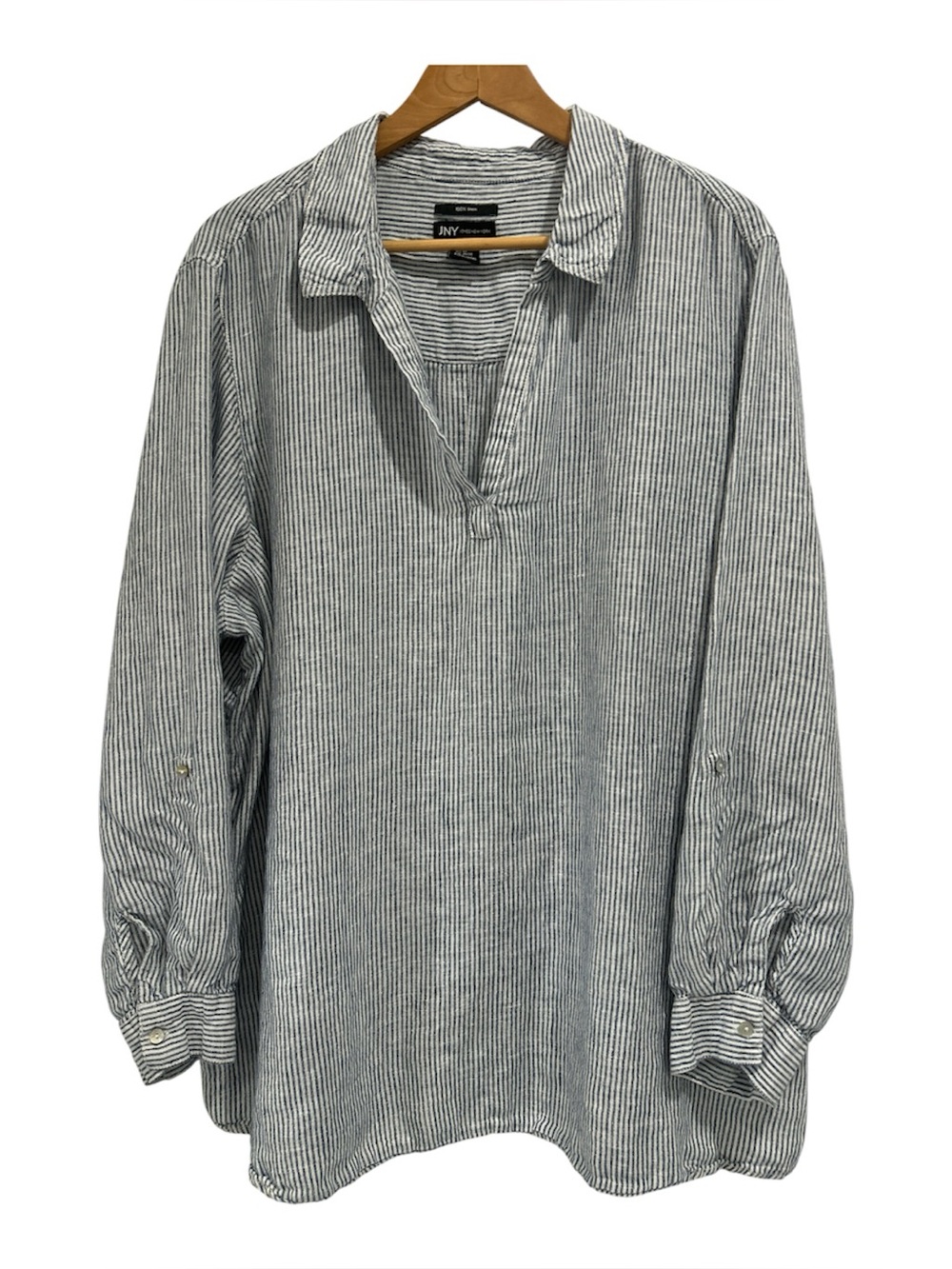 Jones New York Linen Navy White Striped Popover Roll Tab Sleeve Tunic Top - 3X